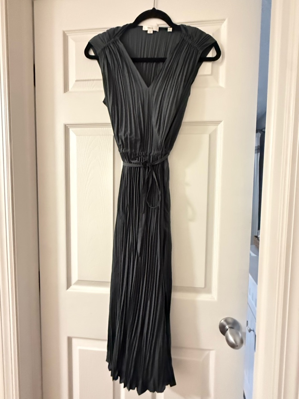Sleeveless Pleated V-Neck Max Dress in Charcoal